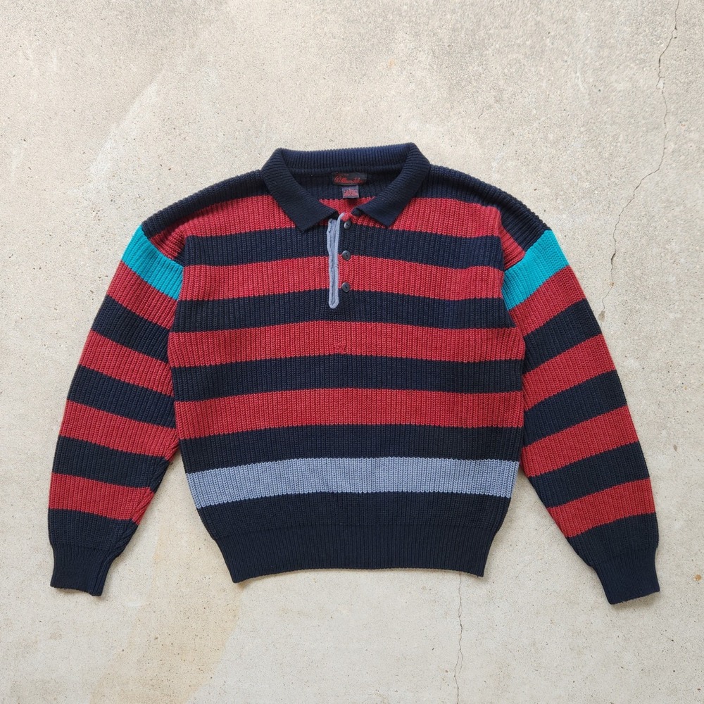 Vintage Ribbed Knit Striped Sweater Button Sz L Red Black Y2K Grunge Skater